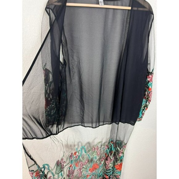 Womens Kimono Cover Up Long Size XXL Black Sheer Floral Embroidered Fringed - Picture 7 of 13